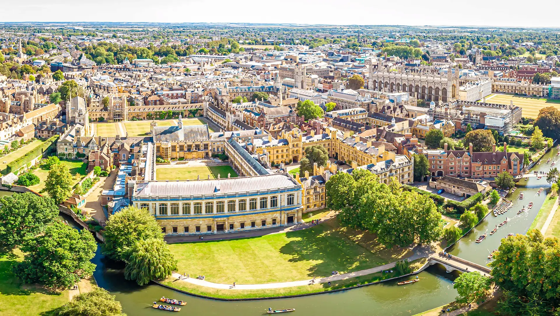 Aerial view of King's College Chapel and the River Cam in Cambridge, UK